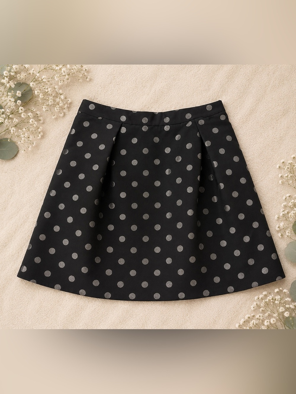 J. Crew Black Polka Dot Skirt | Silver Metallic Dots | Size 6